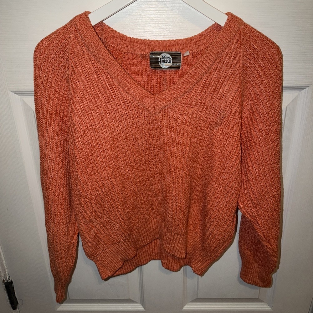 VTG Fiorucci‎ Women's Ribbed Sweater Size M Orange Coral Italy V Neck Grunge